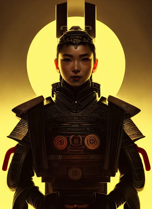 Image similar to symmetry!! portrait of futuristic samurai, sci - fi, tech wear, intricate, elegant, highly detailed, digital painting, artstation, cinematic lighting, concept art, smooth, sharp focus, illustration, art by artgerm and greg rutkowski and alphonse mucha, 8 k