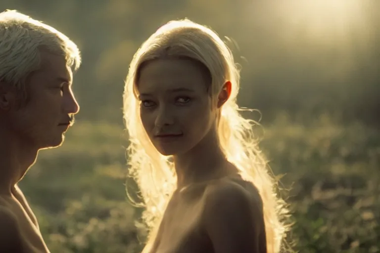 Image similar to movie closeup polar opposites, couple, beautiful skin, Symmetrical faces. Beautiful lighting by Emmanuel Lubezki