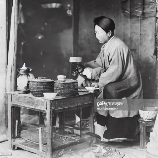 Prompt: Portrait of a 19th century Chinese man preparing a ginseng tea in an old traditional Chinese medicine store, 1900s photography