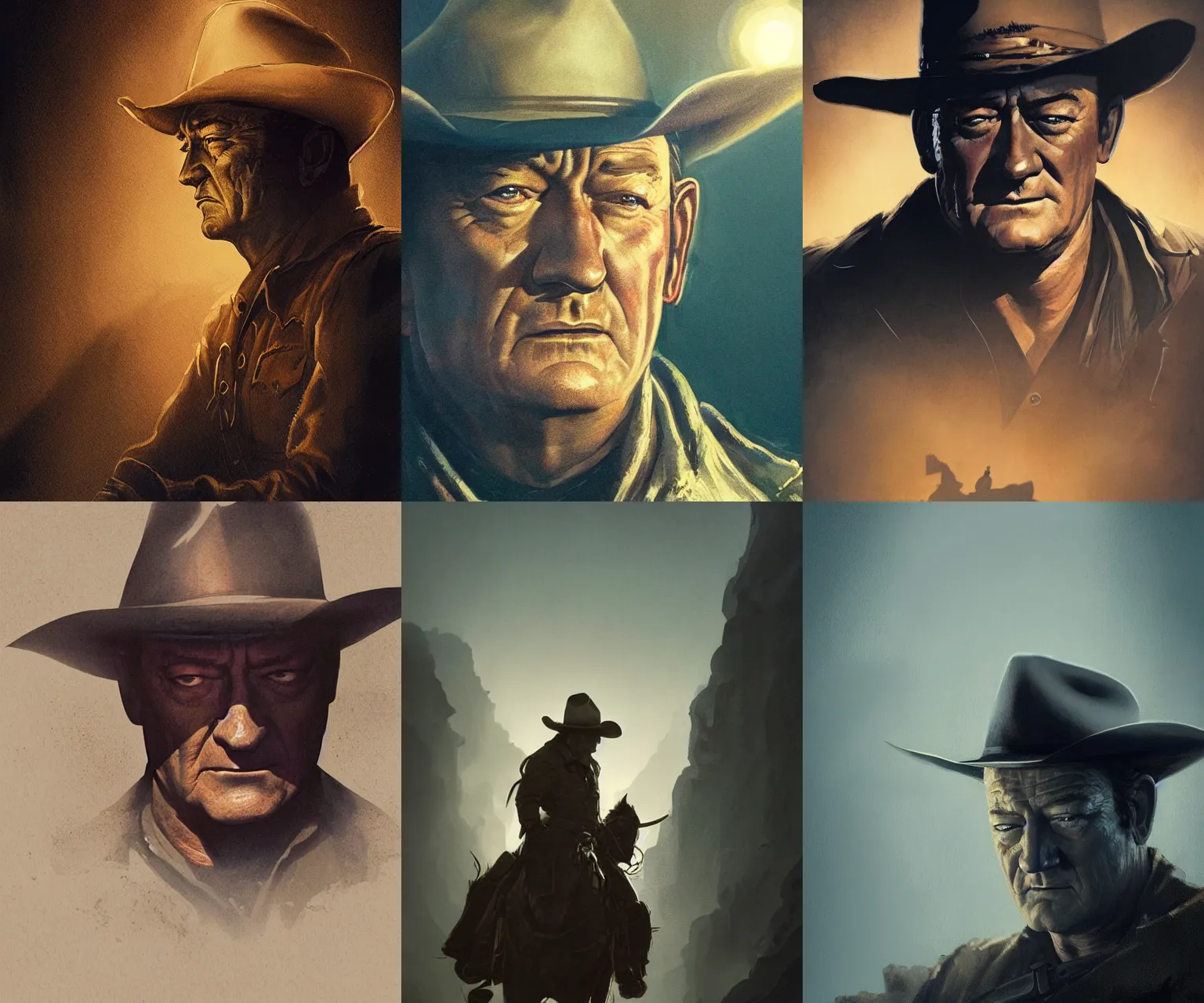 Prompt: Movie poster of John Wayne, in the style of Greg Rutkowski and Jean Giraud, extremely moody lighting, glowing light and shadow, atmospheric, shadowy, cinematic