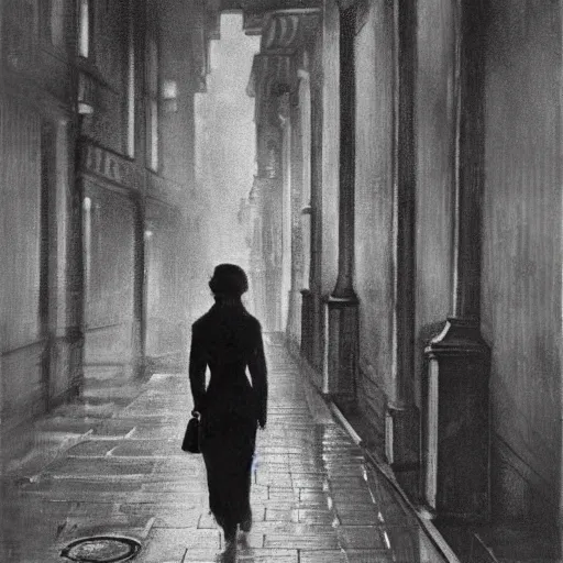 Prompt: woman walking through the city at night. hyper detailed. socialist realism. beautiful and eerie. london 1 9 6 0 s