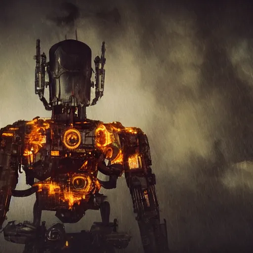 Image similar to mecha made from car parts, dark messy smoke - filled cluttered workshop, dark, dramatic lighting, orange tint, cinematic, highly detailed, sci - fi, futuristic, movie still from blade runner