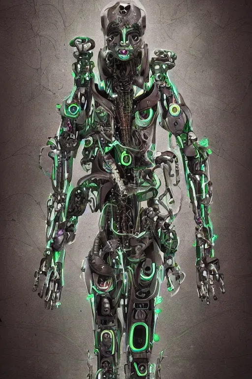 Prompt: a hyper - detailed fine painting of a synthetic humanoid cyborg hybrid half cybernetic and half made of plants and wood, concept art magical highlight, full color tribal and technologic art. artwork by subjekt zero. polished render by machine. delusions with discodiffusion.