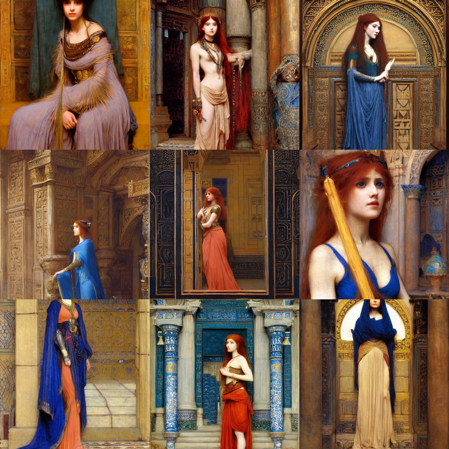 Prompt: orientalist portrait of a ginger sorceress wearing a conservative blue dress standing in a sandstone room intricate portrait by john william waterhouse and Edwin Longsden Long and Theodore Ralli and Henryk Siemiradzki, very coherent symmetrical artwork. Cinematic, hyper realism, high detail 8k