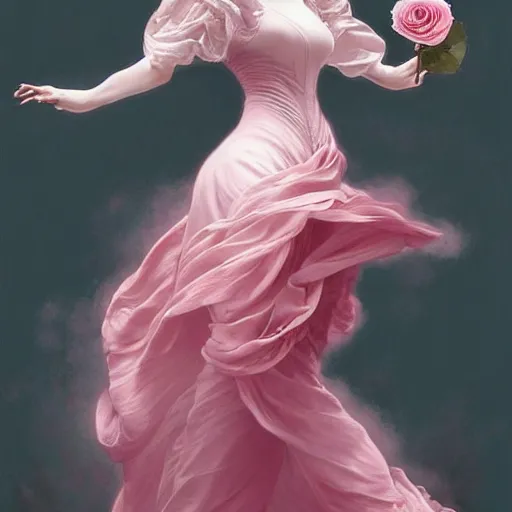 Image similar to !!beautiful!! woman dressed in a vaporous wrapped large victorian pink roses silk semi-transparent dress fashion is running, fantasy, intricate, elegant, highly detailed, digital painting, trending on artstation, concept art, matte, sharp focus, illustration, art by Artgerm and Greg Rutkowski and Alphonse Mucha