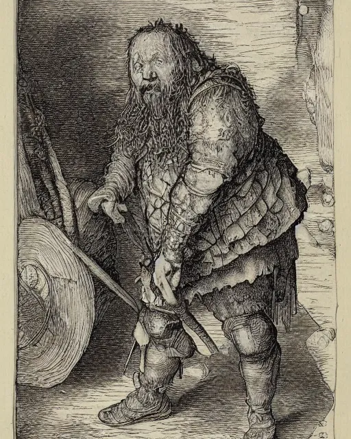 Prompt: an engraving of a tudor hobbit halfling mountebank by albrecht durer, gustave dore, highly detailed, lithoraph engraving, tatterdemalion