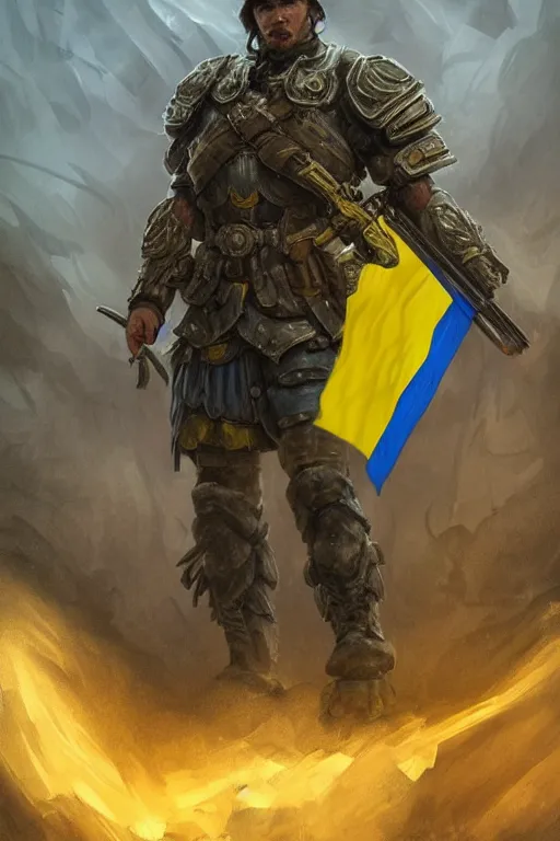 Image similar to a distant shot from below of a Ukrainian super soldier with blue and yellow flag behind him standing alone on a huge pile of skulls posing as a winner, masculine muscular figure, D&D, fantasy, intricate, elegant, highly detailed, extremely detailed, digital painting, artstation, concept art, matte, smooth, hyper realistic, sharp focus, illustration, art by Artgerm and Greg Rutkowski and Alphonse Mucha