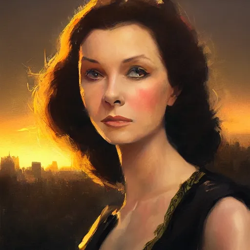 Prompt: closeup portrait of a young vivian leigh, chiaroscuro, city background, golden hour, dramatic lighting, high detail, painted by greg rutkowski, painted by igor kieryluk, trending on artstation