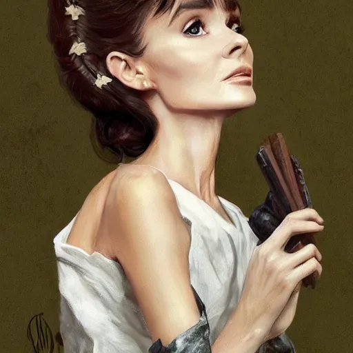 Image similar to a beautiful woman, beauty, looks like Audrey Hepburn, bard, brown hair, messy hairstyle, bangs, cream colored peasant shirt, brown pants, leather boots, dark green cloak, round hood, elf ears, youthful, white background, proportionate, by Greg Rutkowski and Tony Sart, trending on artstation, realistic, highly detailed, masterpiece