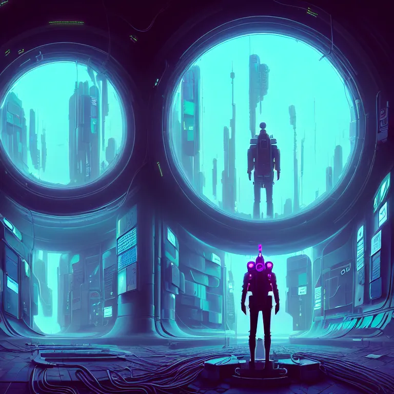 Prompt: a person standing in front of a portal, cyberpunk, epic surrealism, detailed digital matte painting in the style of simon stalenhag, josan gonzalez, artstation, psychedelic