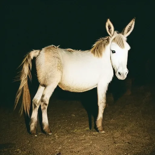 Image similar to “fireworks in the night sky raining down embers and sparks and brightly burning pieces falling from the sky, a pale donkey stands in a field in the darkness. Photography. Flash photo. Cursed image.”