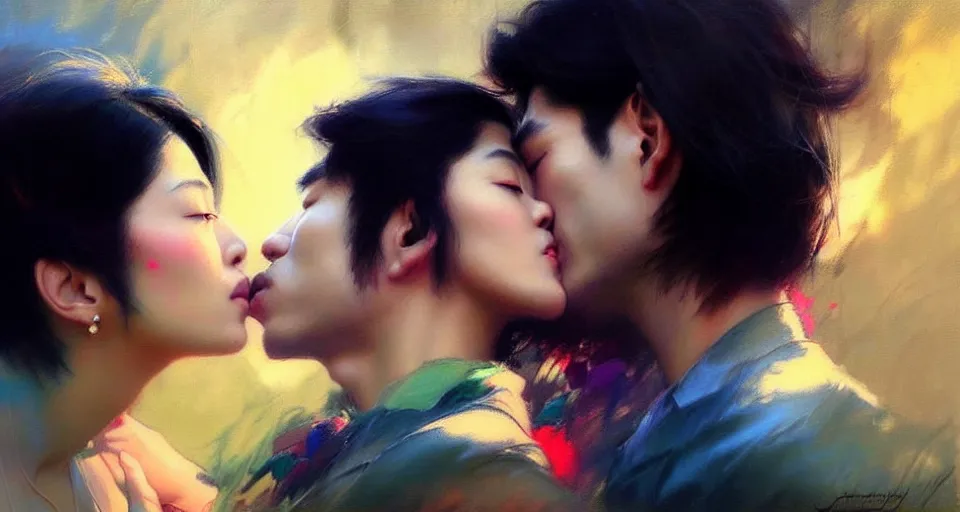 Image similar to photography of asian couples kissing each other, deep focus, volumetric light, colourful, sharp, detailed, digital painting by rolf armstrong, jeremy lipkin and michael garmash, rob rey and kentaro miura style, pinterest behance top picks