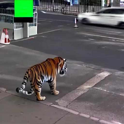 Prompt: CCTV footage of a tiger at 711