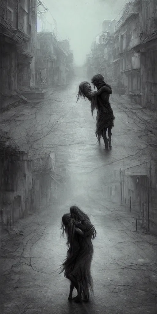 Image similar to death child and women hugging in an empty street, in the style of keith thompson and zdzislaw beksinski, artstation hd, 8 k, surrealistic digital artwork, post apocalyptic street