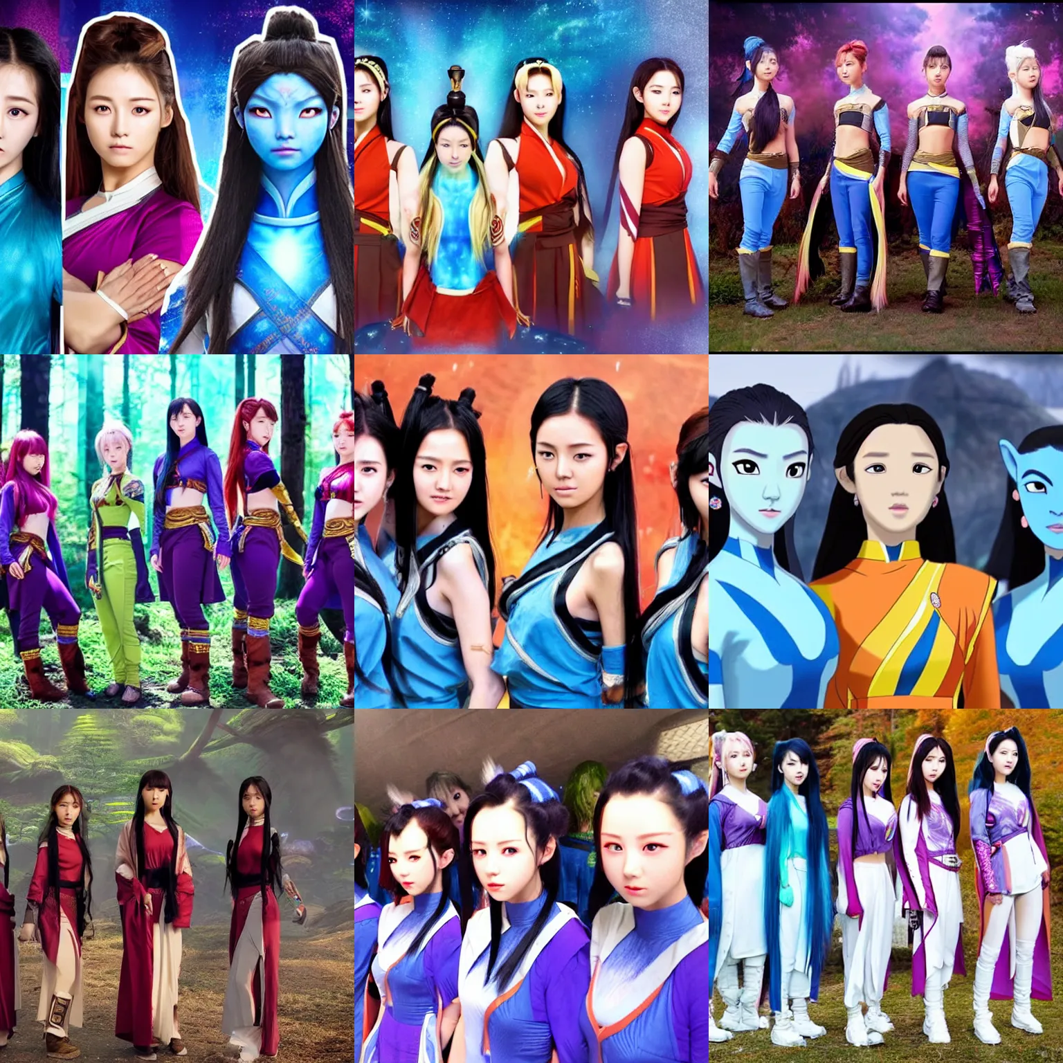 Prompt: a k - pop girl group dressed as avatar the last airbender, ultra realistic, 8 k, detailed