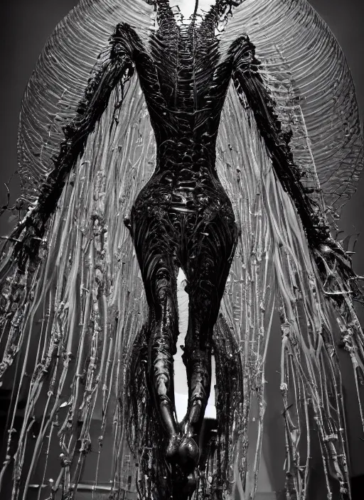 Image similar to walking down the catwalk, ben watts, show, stage, vogue photo, podium, fashion show photo, historical baroque dress dark, iris van herpen, beautiful woman, masterpiece, intricate, biopunk, vogue, full body shot, alien, plant predator, guyver, giger, wires, tubes, veins, jellyfish, white biomechanical details, highly detailed