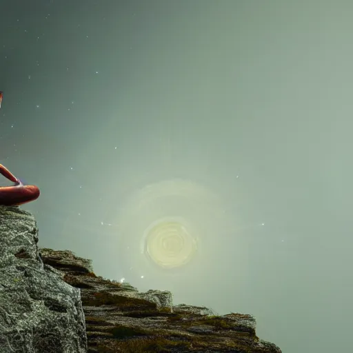 Image similar to The shaman meditating on a cliff at the age of space an time freeing his mind anamorphic supraliminal optical illusion 4k