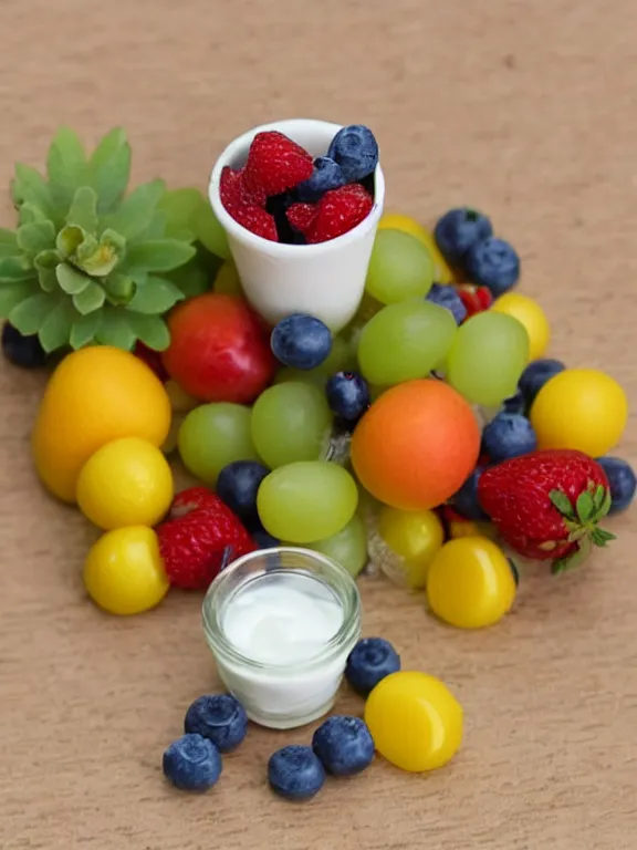 Image similar to miniature diorama of yogurt bottle with fruits