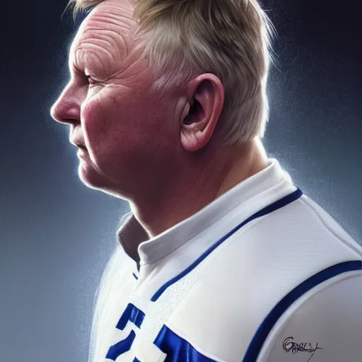 Image similar to beautiful portrait of Randy Carlyle as a hockey coach, fantasy, intricate, elegant, highly detailed, digital painting, artstation, concept art, smooth, sharp focus, luxury fashion illustration, art by artgerm and greg rutkowski and alphonse mucha, brightly lit cinematic soft lighting, photorealistic