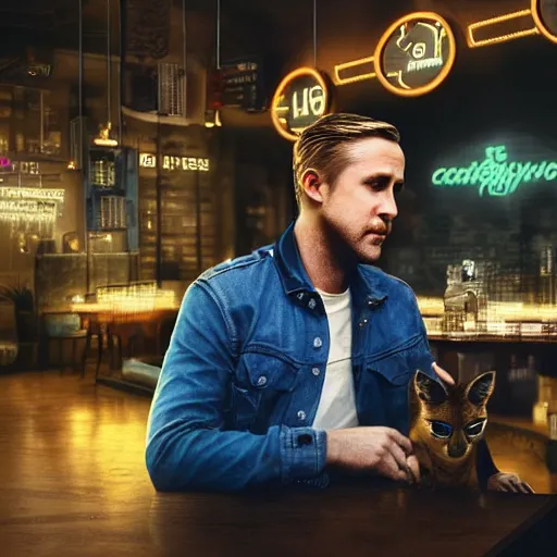 Image similar to Ryan Gosling holding cute caracal in a cafe in a cyberpunk city, close up shot, sharp focus, shallow depth of field, highly detailed face, 8k, unreal engine 5, cinematic lighting, vivid elegant fantasy concept art, character art, stern blue neon atmosphere, artstation, deep complimentary colors, volumetric lighting, photorealistic, hyperdetailed 3D matte painting, hyperrealism, hyperrealistic masterpiece