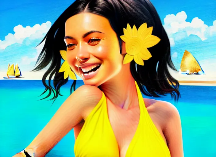 Image similar to a girl with black hair, with a very beautiful symmetrical face, a smile on her face, tanned skin, in a yellow bikini, against the background of a sea beach, in art style, high detail, digital painting