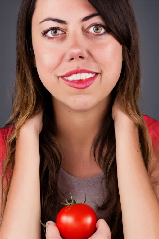 Image similar to headshot photo of Tomato / Aubrey Plaza hybrid, portrait, 3/4 view, Refined, Detailed professional photo, 50mm lens, Canon eos, blurry distant background, Highly Detailed, Cinematic Lighting, 8k