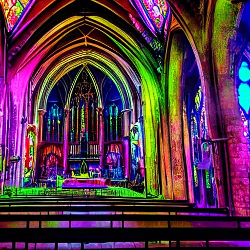 Prompt: a wide lens photo of the interior of a gothic church with neon lights and psychedelic graphics