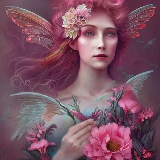 Image similar to a beautiful pink fairy with large wings and flowing hair exploring her lonely flower garden by herself in the style of tom bagshaw, extremely detailed, muted colors