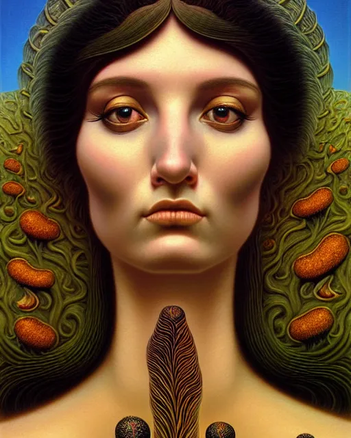 Image similar to portrait of the goddess of fungi, unusual beauty, emotionally evoking symbolic metaphors, head in focus, fantasy, ornamental, intricate, elegant, sensual, highly detailed digital painting, artstation, concept art, painterly, golden ratio, sharp focus, illustration, art by John William Godward and Boris Vallejo and Zdzisław Beksiński,