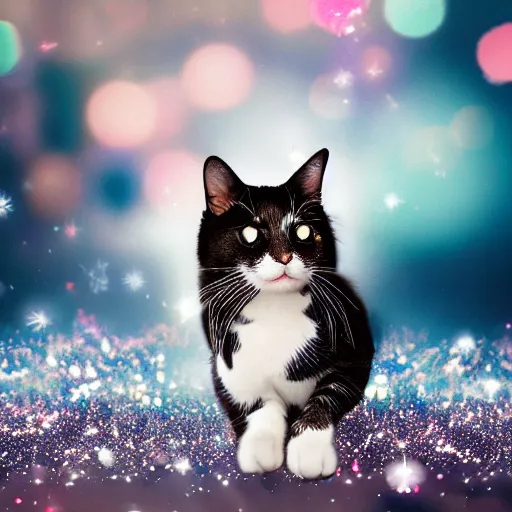 Prompt: a photo of a cat in a cloud of glitter