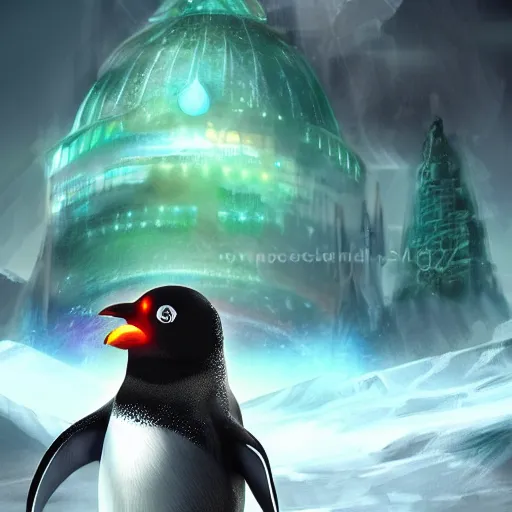 Prompt: penguin with red glowing eyes in front of a green glowing tower in the background, guild wars 2 art style