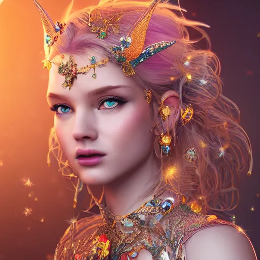 Image similar to portrait of fairy princess, glowing, ornate and intricate jewelry, jaw dropping beauty, glowing background lighting, white accent lighting, hyper detailed, fairy tale, 4 k octane render