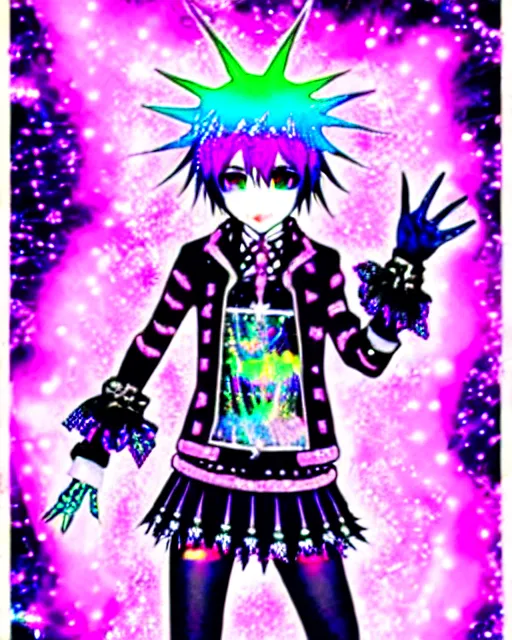 Image similar to a hologram of decora styled yotsuba koiwai wearing a gothic spiked jacket, holography, irridescent, baroque visual kei decora art