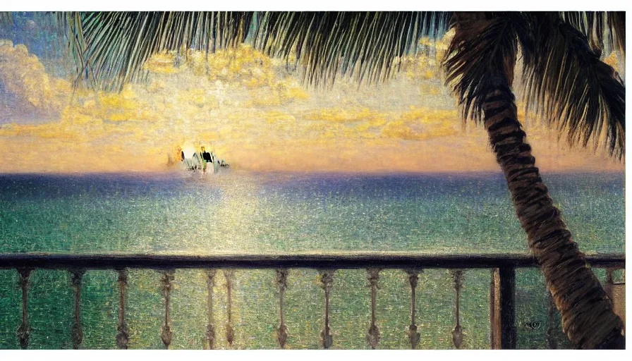 Image similar to a ultradetailed beautiful painting of the thunderstorm sky of the rio de janeiro palace balustrade designed by jules bastien - lepage, tarsila do amaral, frank weston and gustave baumann, beach, trending on artstation, mediterranean, palm trees, sharp focus, colorful refracted sparkles and lines, soft light, 8 k 4 k