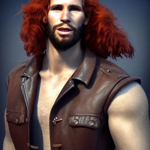 Prompt: portrait of a ruggedly handsome!!!!! male ship captain with long red hair!!!!!!, 30 years old, upper body, wavey hair, leather coat, friendly, playful, D&D, hairworks, Unreal 4, fantasy, elegant, highly detailed, digital painting, hairworks, deviantart, artstation, concept art, sharp focus, dramatic lighting, illustration, art by Artgerm and Greg Rutkowski and Alphonse Mucha