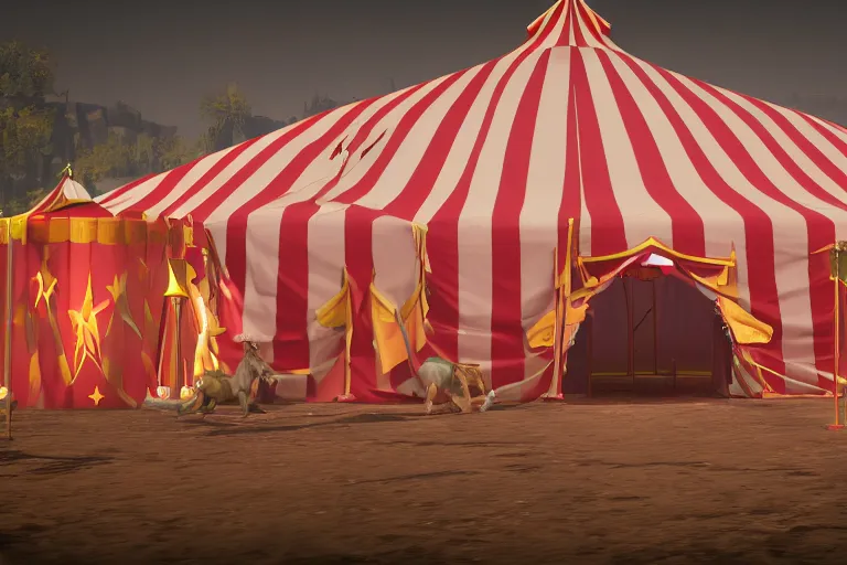 Prompt: 3d sculpt of a huge circus tent, artstaton, League of Legends, red dead redemption2, overwatch, digital illustration