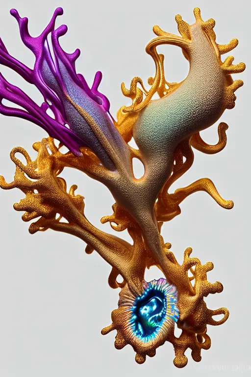 Prompt: complex 3d render ultra detailed of a beautiful porcelain colourful nudibranch with pure gold streamlines, distributed consciousness, biomechanical, analog, 150 mm lens, beautiful natural soft rim light, roots, fine foliage lace, ernst haeckel, brilliant chitin and pearl coating, visceral, art nouveau, intricate details, satin silver beautiful gold metal details, mesh wire, neri oxman, sceleton, organic, cable wires, microchip, elegant, hyper realistic, ultra detailed, octane render, H.R. Giger style, volumetric lighting, 8k post-production