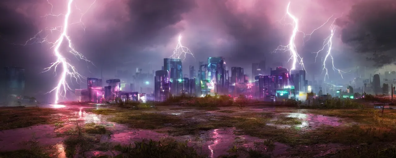 Image similar to cyberpunk landscape, vivid, volumetric lighting, lightning, thunder, storm, portal, puddles, mystical