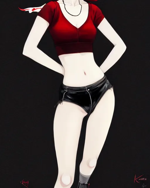 Image similar to a full body portrait of pale skin goth beauty in leather mini skirt and leather tank top, black hair, red lips, digital painting by ilya kuvshinov and ross tran and karol bak and stanley lau and anna dittmann and artgerm and xiaoguang sun and tian zi