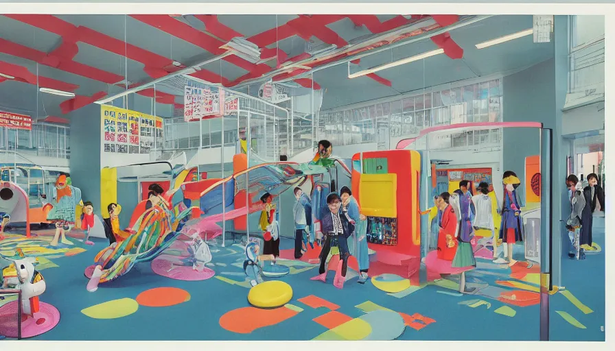 Image similar to 1980s Japanese culture magazine advertisement for a futuristic playground themed office, business people in mascot costumes, slides, mysterious toys, magical treasure, secret doors and windows, designed by Gucci, Wes Anderson, and Petra Collins, clean details