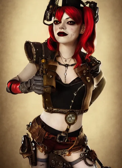 Image similar to steampunk portrait of emma stone as harley quinn, hyper detailed, digital art, trending in artstation, cinematic lighting, studio quality, smooth render, unreal engine 5 rendered, octane rendered, art style by klimt and nixeu and ian sprigger and wlop and krenz cushart.