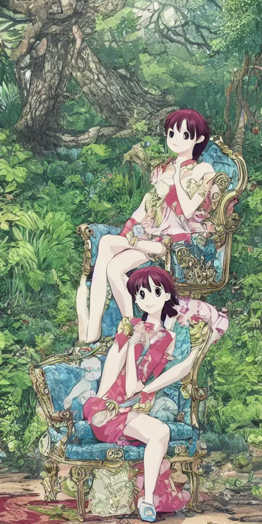 Image similar to the queen of good vibes sitting by herself on a sofa in a forest, drawn by CloverWorks, intricate detail, elegant, beauty