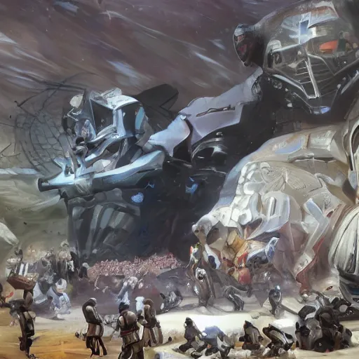 Prompt: Astartes Space Marines fight against space orcs in an epic battle, Super detailed painting, futuristic style, 4K