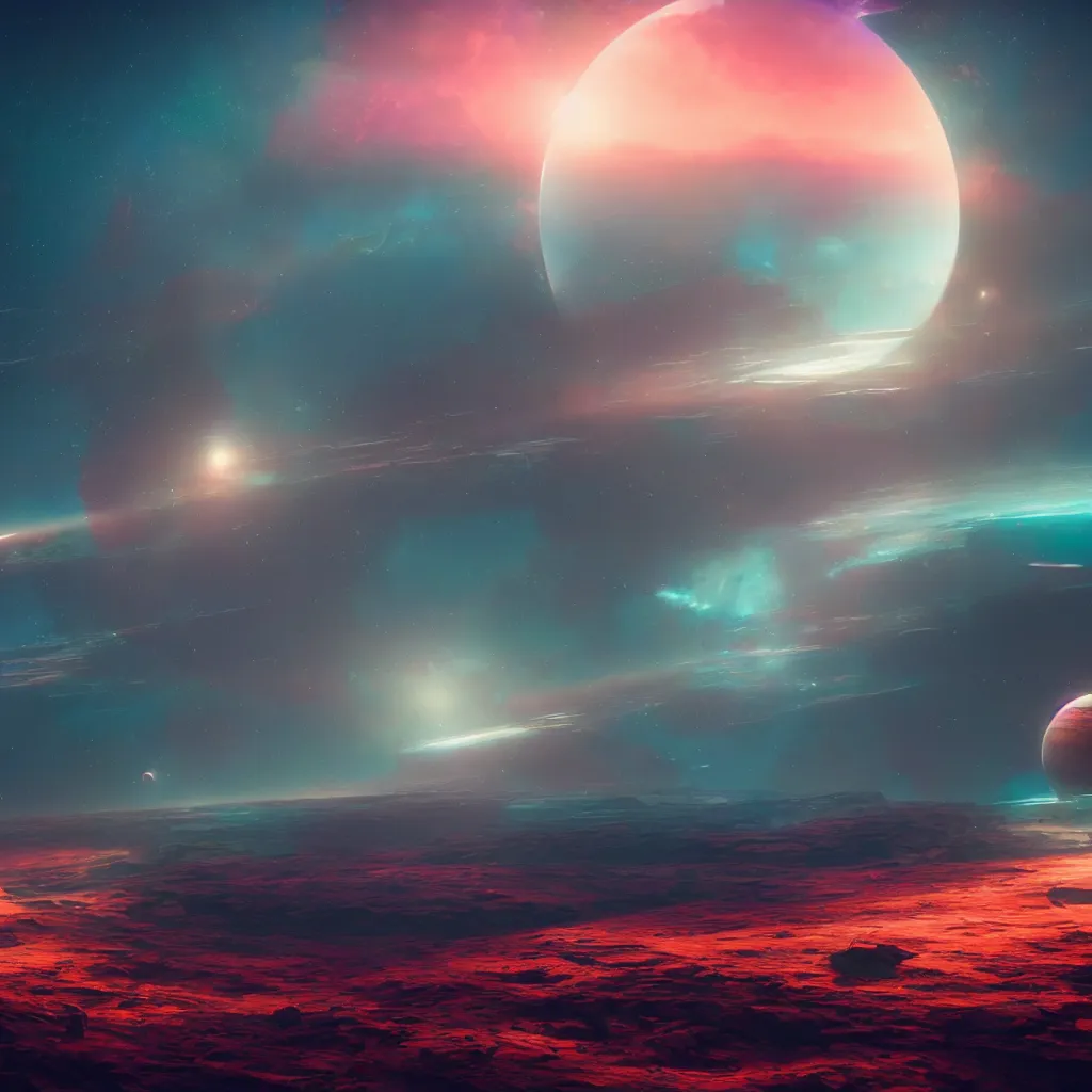 Image similar to horizon of a colorful exoplanet, view from space far away, artstation, cinematic, by greg rutkowski, scifi, digital art, digital painting, unreal engine, 8 k, volumetric lighting, contrast