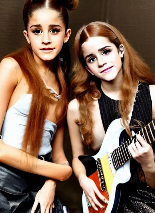 Prompt: beautiful, award winning photo of ariana grande and emma watson as a 1 9 7 0 s rock and roll guitarists. live at woodstock, symmetrical eyes, 8 k, studio lighting t