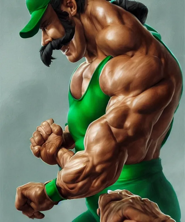 Image similar to muscular luigi wearing a green jumpsuit pumping iron in a dingy gym by ilya kuvshinov, bodybuilder ernest khalimov, super mario bros symmetrical face concept art, hyper realistic, intricate, elegent, highly detailed, digital painting, concept art, smooth, sharp, focus, illustration, art by artgerm and greg rutkowski and alphonse mucha, artstation