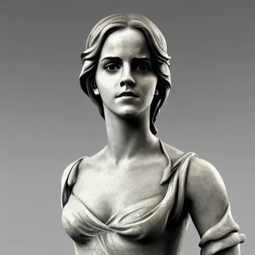 Prompt: emma watson as as a baroque marble statue, hyper realistic, unreal render engine, studio shot, dynamic light, gallery