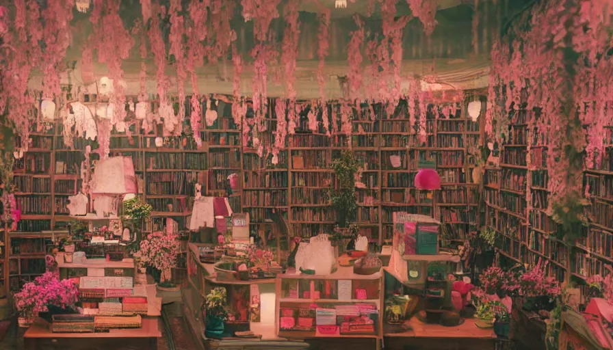 Prompt: a Wes Anderson 35mm film still of a very surreal magic bookshop with a beautiful dream like waterfall inside, apothecary, botanical garden, falling cherry blossom pedals, in the style of Gucci, glowing lights and floating lanterns, foggy atmosphere, crystals, rainy, moody, muted colors, magic details, very detailed, 8k, cinematic look, octane render, psychedelic,