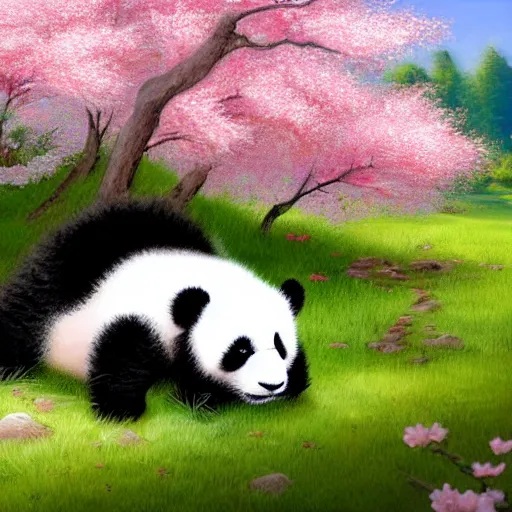 Prompt: cute fluffy baby panda cub sitting under a pink cherry blossom tree japanese landscape detailed painting 4K