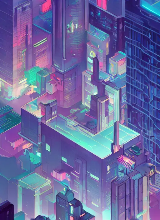 Prompt: axonometric isometric cityscape with cmyk palette by makoto shinkai, ilya kuvshinov, lois van baarle, rossdraws, basquiat | afrofuturism, in the style of hearthstone, trending on artstation | dark color scheme